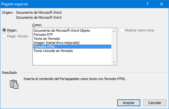 cuadro de diálogo Pegado especial de Word