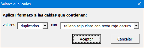 cuadro de diálogo correcto - Valores duplicados
